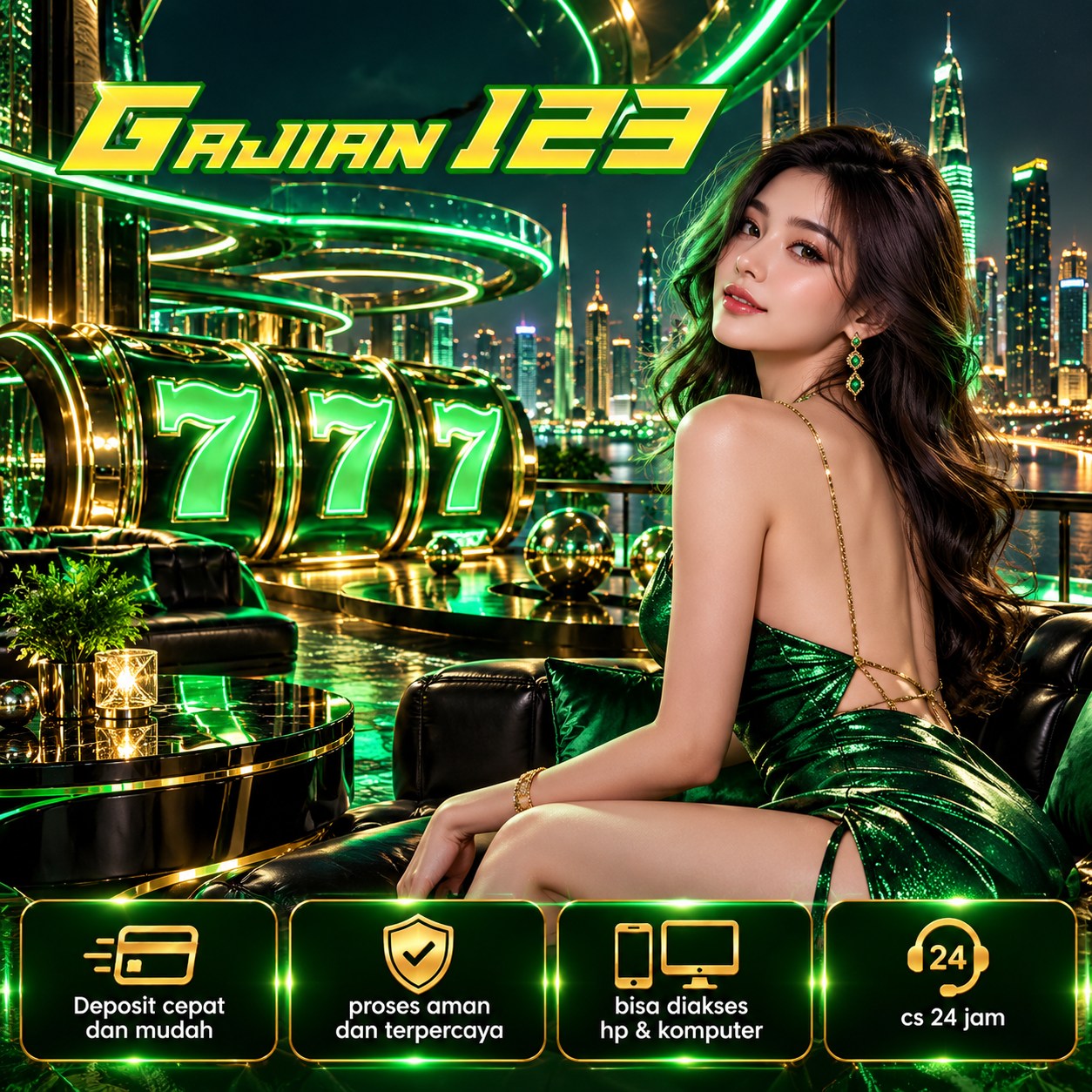 Banner GAJIAN123 dengan tema hijau emas, ilustrasi hiburan multiplayer